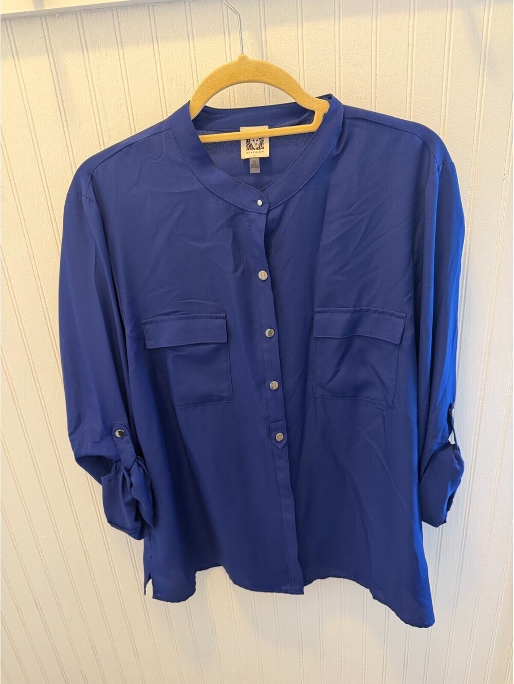 Anne Klein Womens Royal Blue Button Front Blouse XL Roll Tab Sleeves
